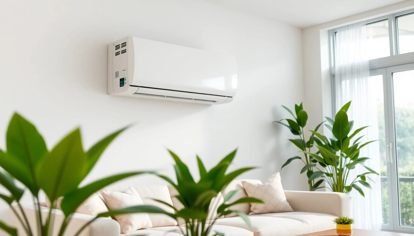 Install Mitsubishi mini split AC in a stylish living room with modern décor and natural light.