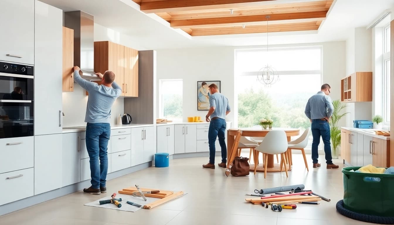 Find professional kitchen fitters near me installing modern cabinetry in a bright kitchen.