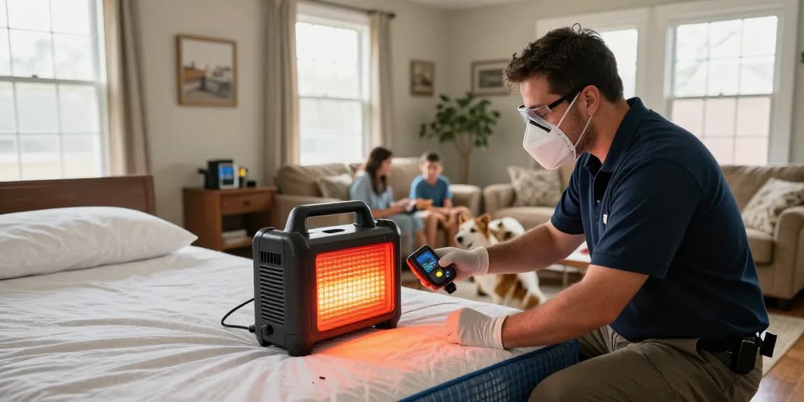Bed bug heat treatment in Milwaukee home with expert technician using thermal equipment for safe pest control.
