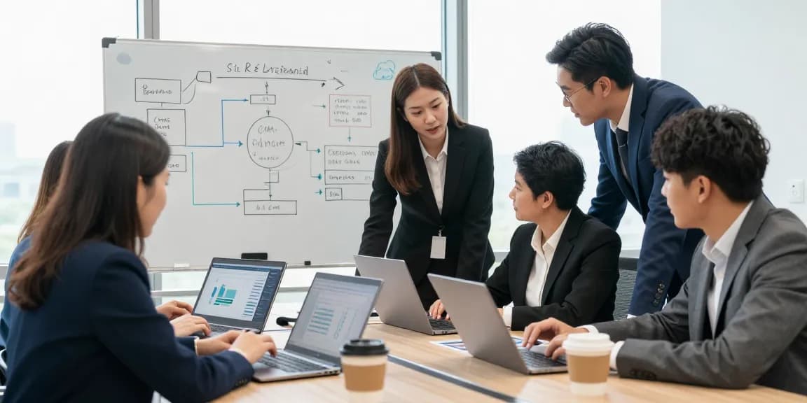 CRM that brings customers to my business through collaboration among service providers in a bright office environment.