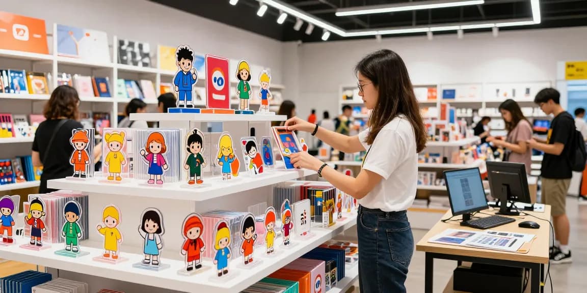 Custom acrylic standee display in vibrant retail setting with designer arranging colorful products.