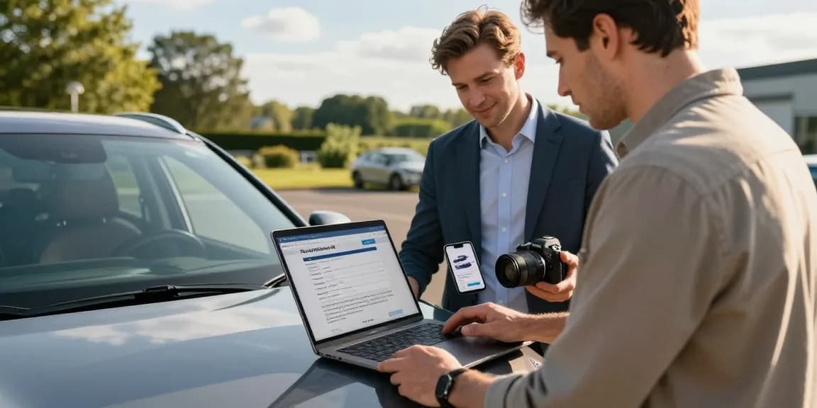 Check a UK vehicle's history with a reg check UK report while buying a car outdoors.