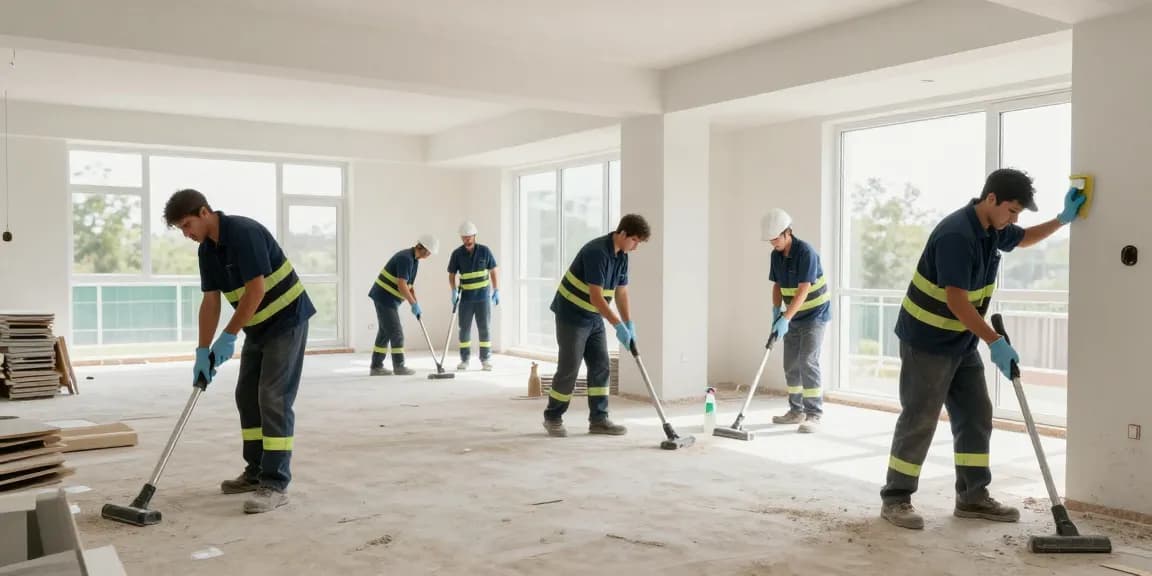Post-construction cleaning team demonstrating efficient service, highlighting bauendreinigung preis in a modern interior setting