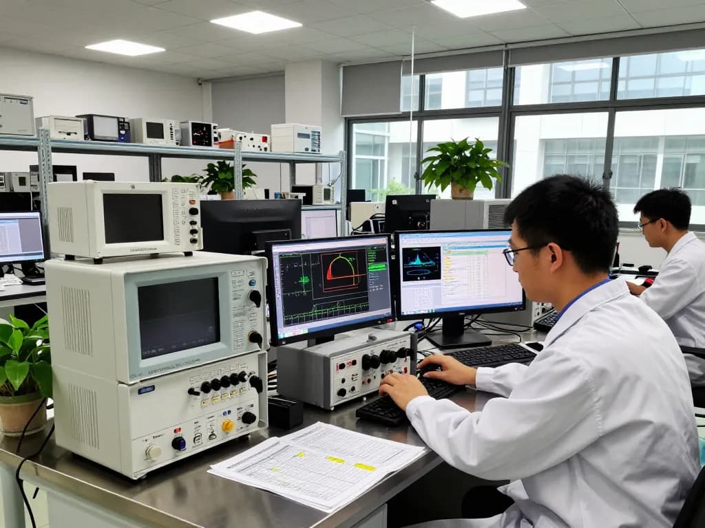 Precision EMC testing environment with engineer conducting VSWR measurement analysis for compliance testing.