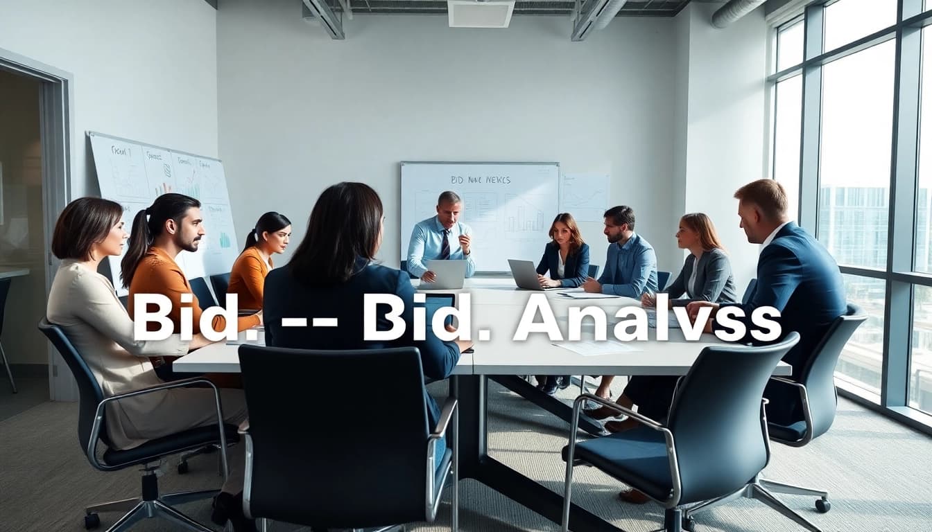 Engaged team discussing Bid-No-Bid Analysis in a modern setting with collaborative visuals.