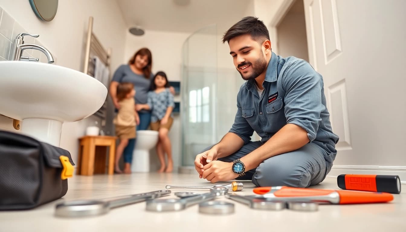 Plumber near me fixing a sink in a bright residential bathroom with family interaction.