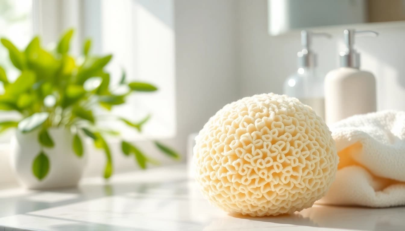 Use a makeup remover loofah to gently cleanse skin, showcasing its unique texture and benefits.