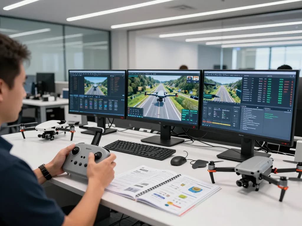 Technician flying the DJI Matrice 4E in a high-tech command center.