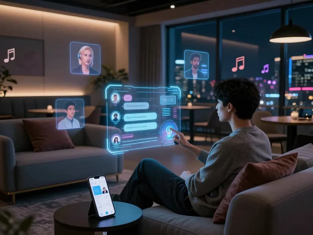 Engaging in porn AI chat with a futuristic chatbot in a sleek lounge setting.
