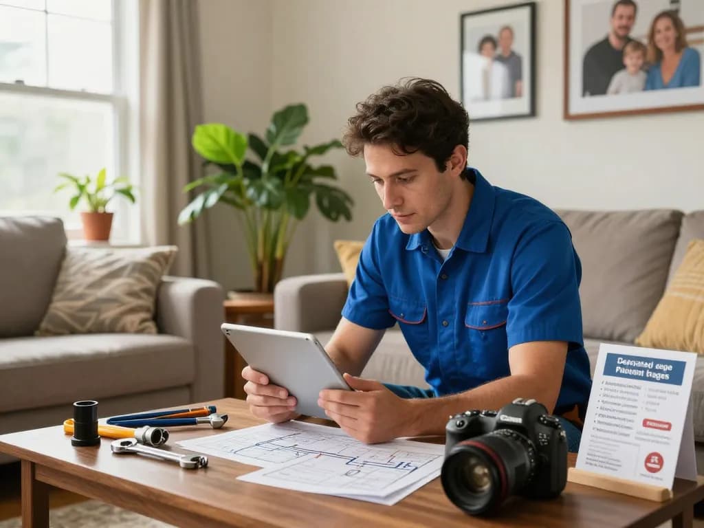 Dedicated pages for plumbing service highlighted in a cozy home setting with a focused plumber