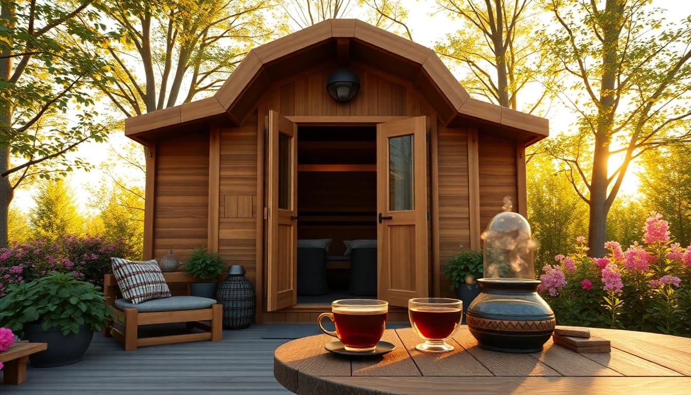 Beautiful outdoor sauna for sale surrounded by lush greenery and serene atmosphere.