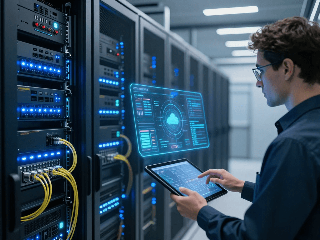 UK IPTV solutions with advanced cloud computing infrastructure and AI technology displayed in a modern data centre.