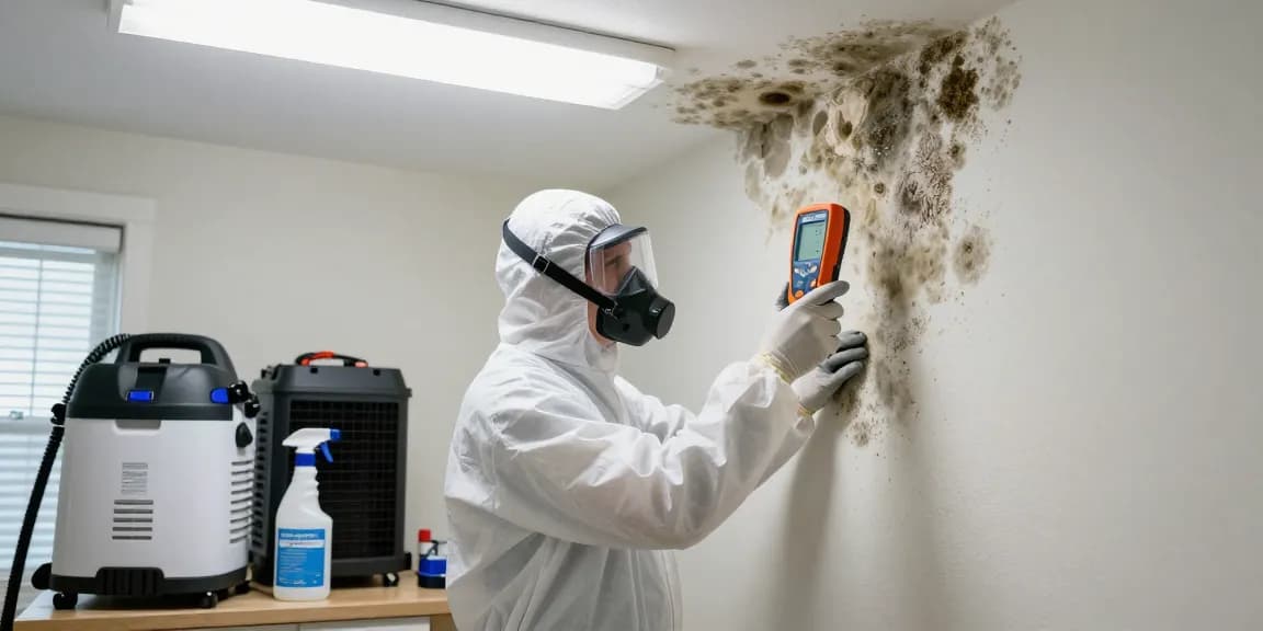 Expert West Palm Beach mold remediation technician inspecting mold damage with advanced testing equipment in a clean, professional environment.