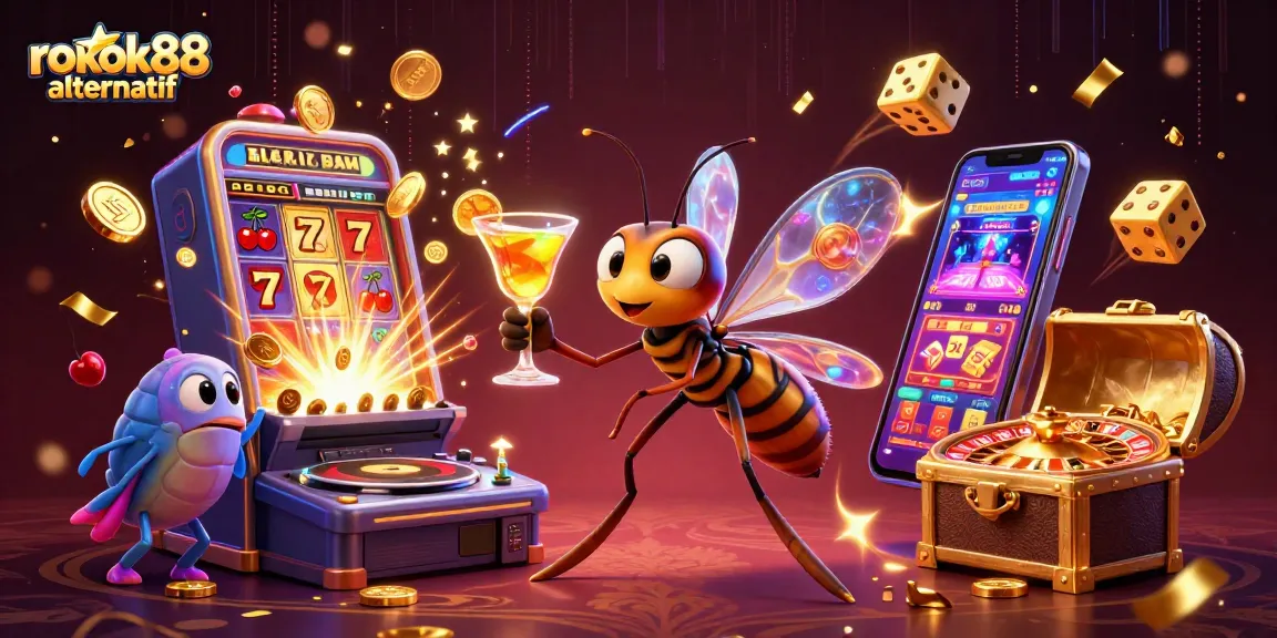 Experience rokok88 alternatif with an animated casino scene featuring unique characters and dynamic gambling elements.