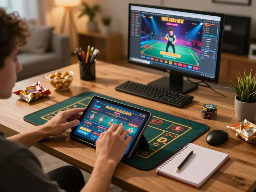Engaging gameplay on a tablet for 23Win, showcasing an immersive online casino experience with cozy home atmosphere