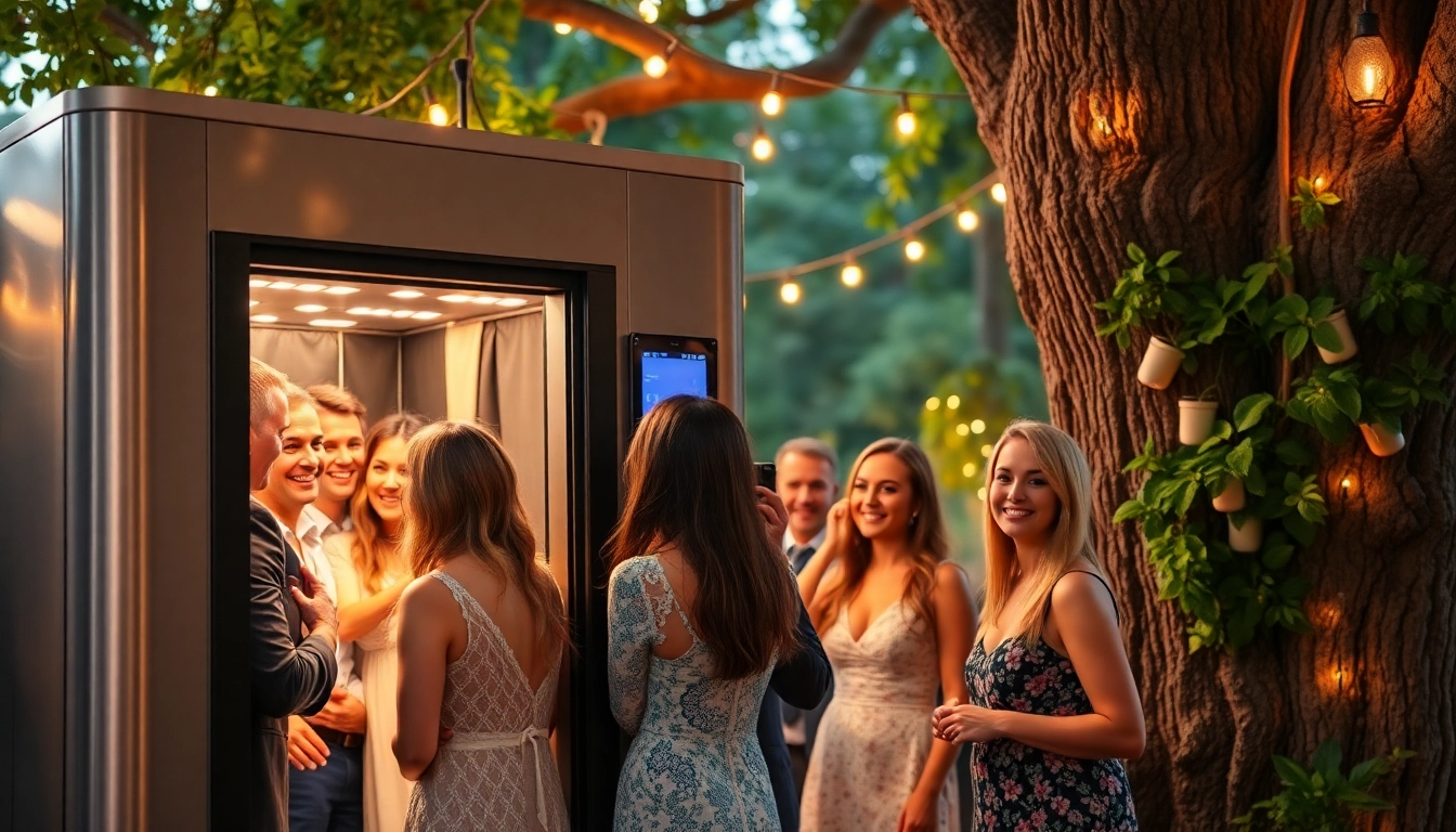 Guests enjoying a photo booth rental experience at a joyful outdoor event.