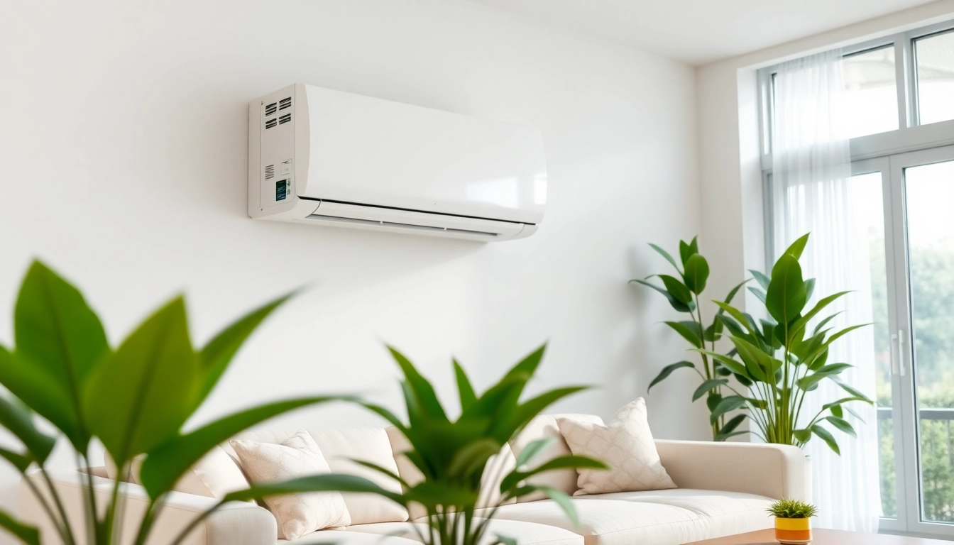 Install Mitsubishi mini split AC in a stylish living room with modern décor and natural light.