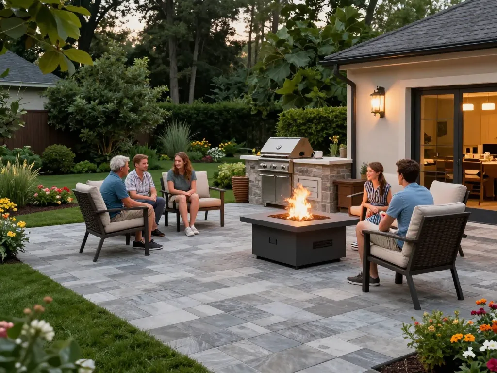 Paver installation near me showcased in an elegant outdoor kitchen and patio with family enjoying a gathering.