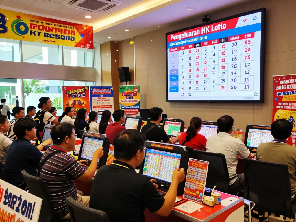Acara Pengeluaran HK Lotto yang menarik dengan berbagai pemain memeriksa tiket di aula lotere modern