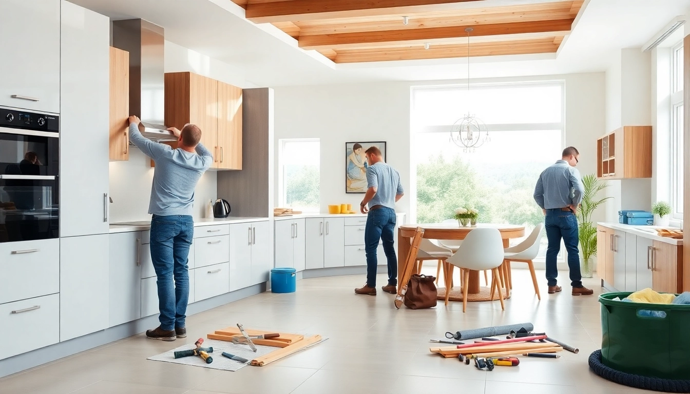 Find professional kitchen fitters near me installing modern cabinetry in a bright kitchen.