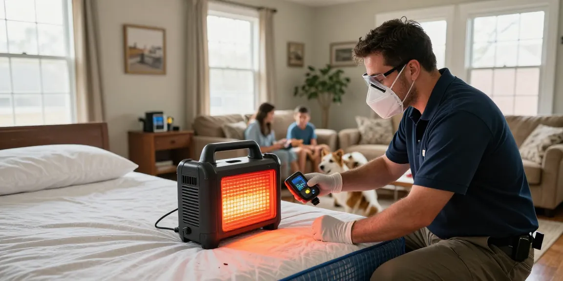 Bed bug heat treatment in Milwaukee home with expert technician using thermal equipment for safe pest control.