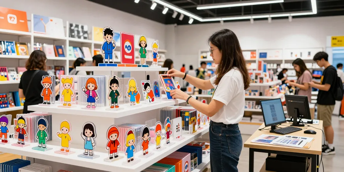 Custom acrylic standee display in vibrant retail setting with designer arranging colorful products.