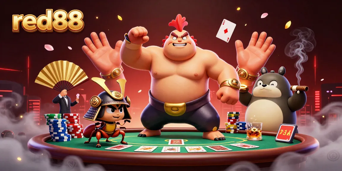 Experience thrilling poker action in a vibrant scene featuring red88 branding with a sumo wrestler, cricket, and tanuki.