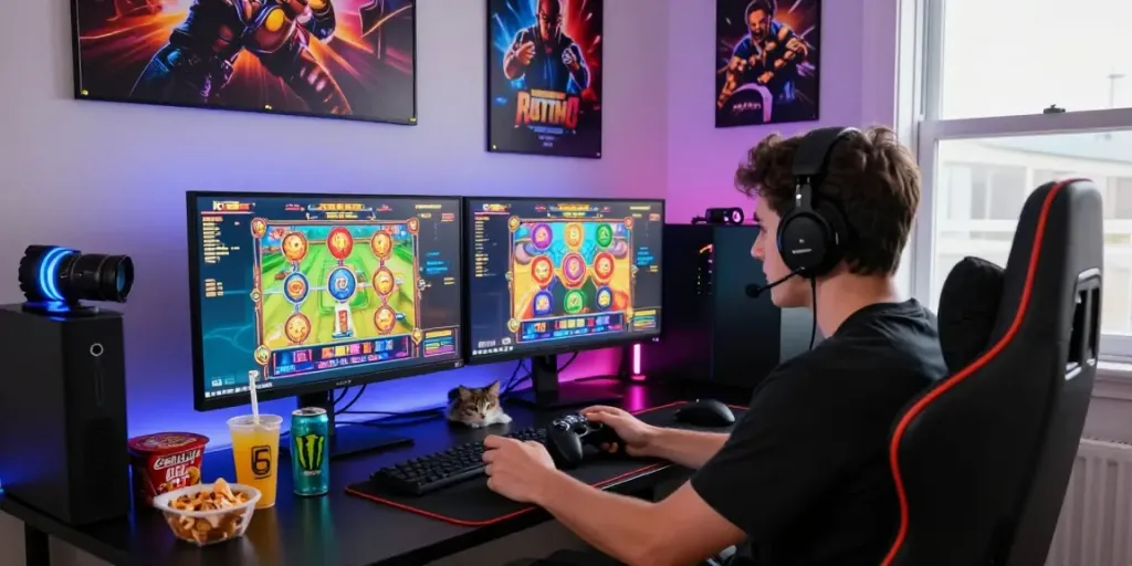 Experience rokok88 alternatif in an immersive gaming setting with vibrant graphics, snacks, and cozy ambiance.