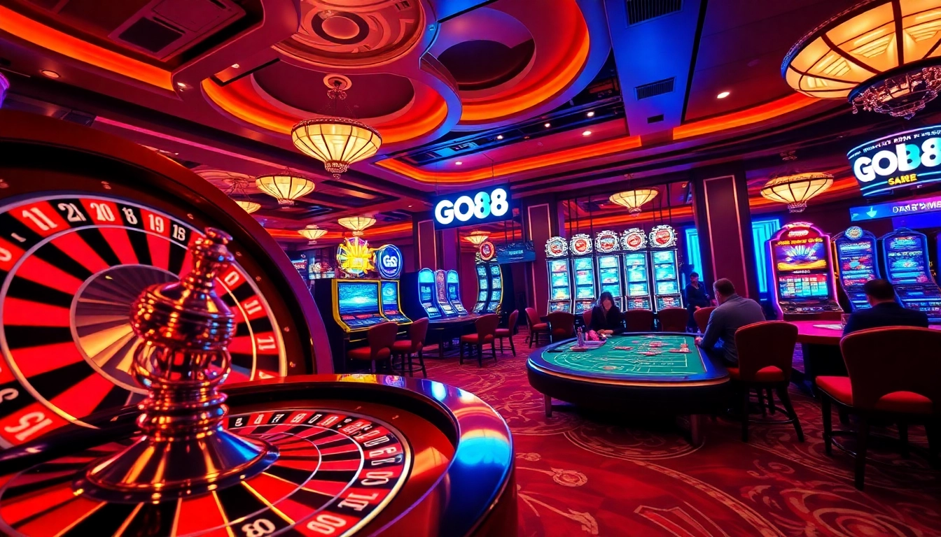 Experience the thrill of GO88 gaming with vibrant casino visuals featuring roulette and slots.