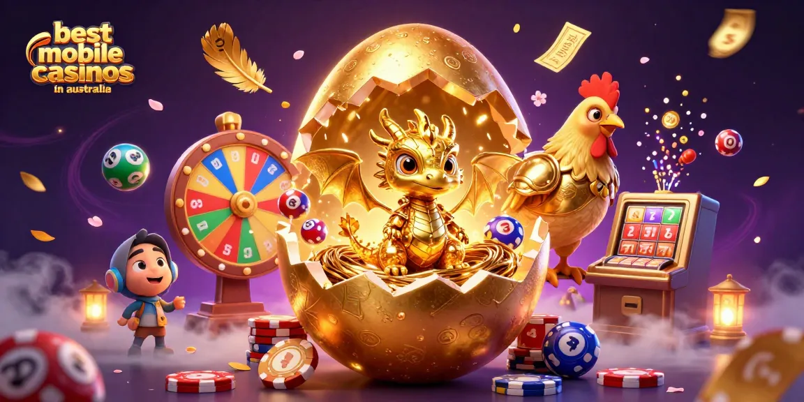 Engage with the best mobile casinos in australia featuring a golden baby dragon amidst vibrant gaming elements.