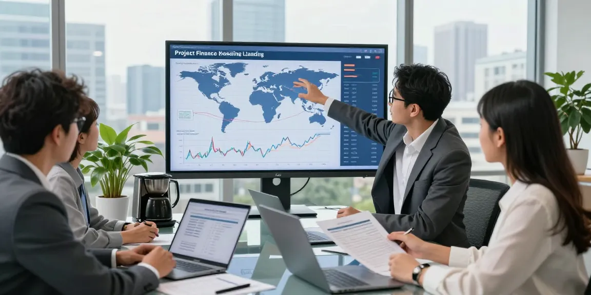 Team of experts discussing worldwide project finance lending strategies in a modern office.