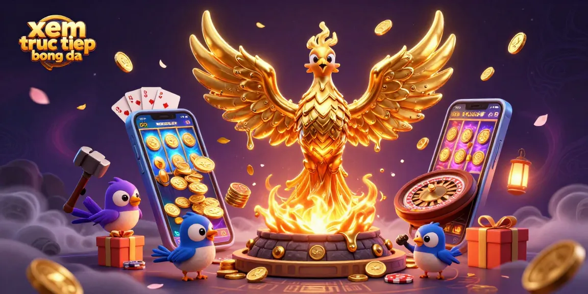 Experience xem truc tiep bong da live with 3D illustrated golden phoenix and vibrant casino elements.