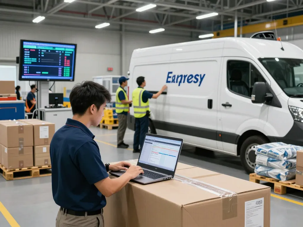 Time critical logistics team coordinating express deliveries in a modern facility.