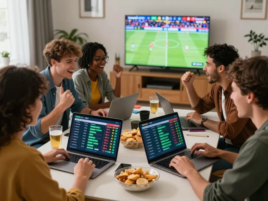 Friends enjoying SBOBET sports betting in a lively living room.