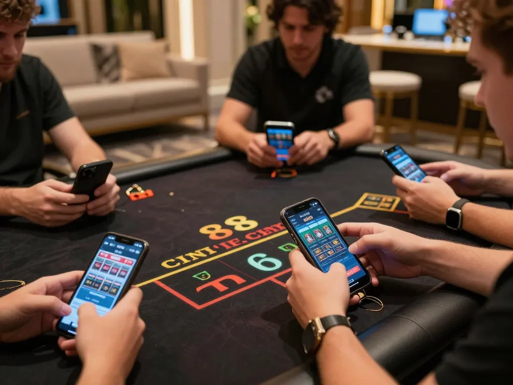 Engaging in DN88 online gaming with hands holding smartphones showcasing live dealer games in a cozy room