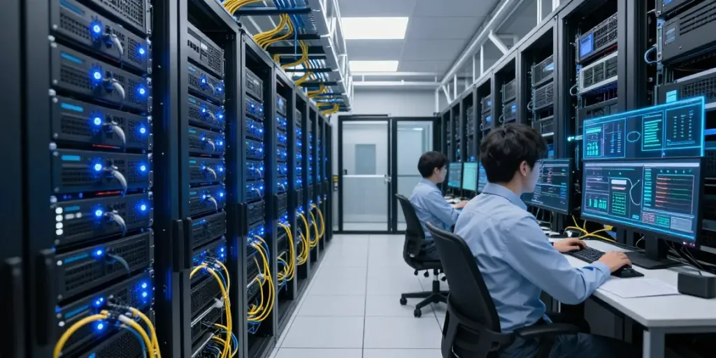Server configuration review in a modern data center showcasing advanced cybersecurity measures.