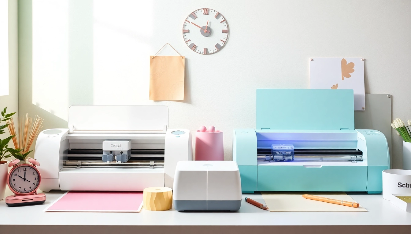 Side-by-side comparison of Silhouette vs Cricut cutting machines, showcasing features and creative workspace.