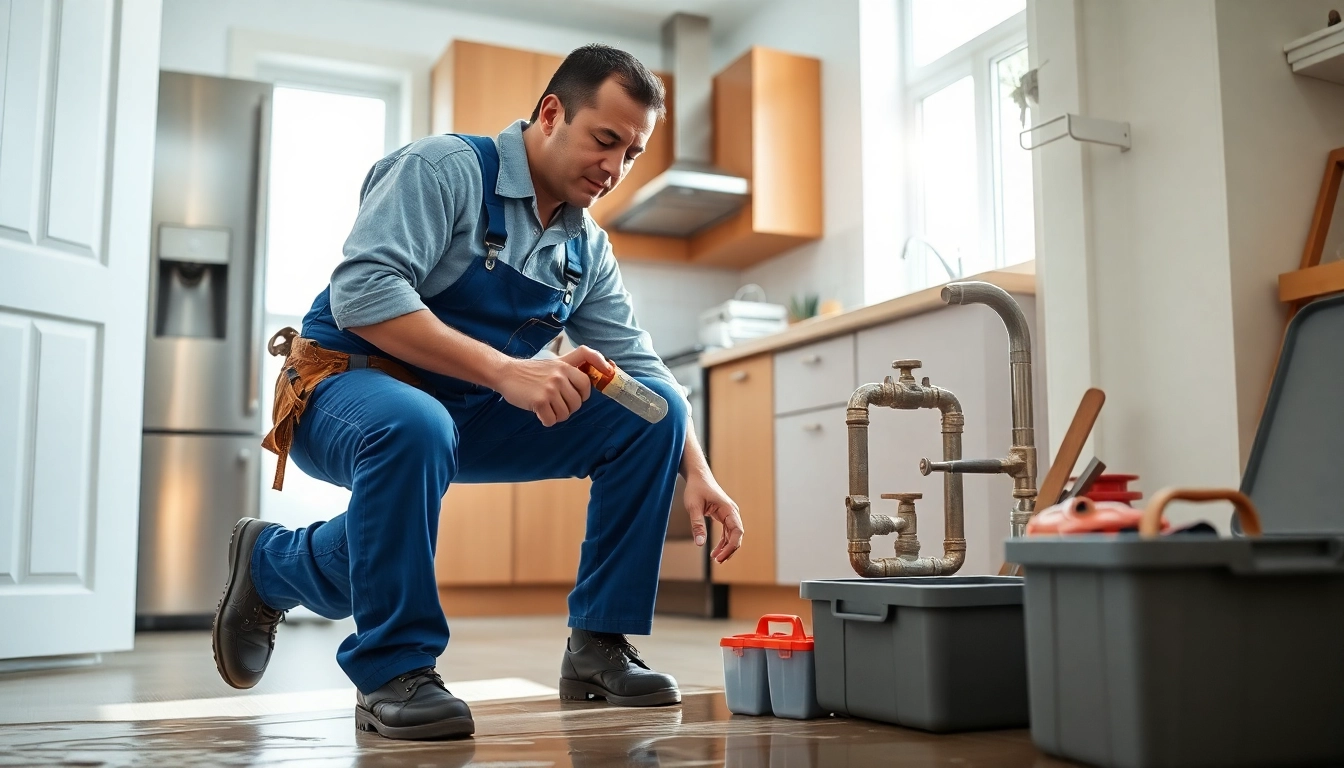 24 hour plumber nyc fixing a burst pipe in a modern kitchen