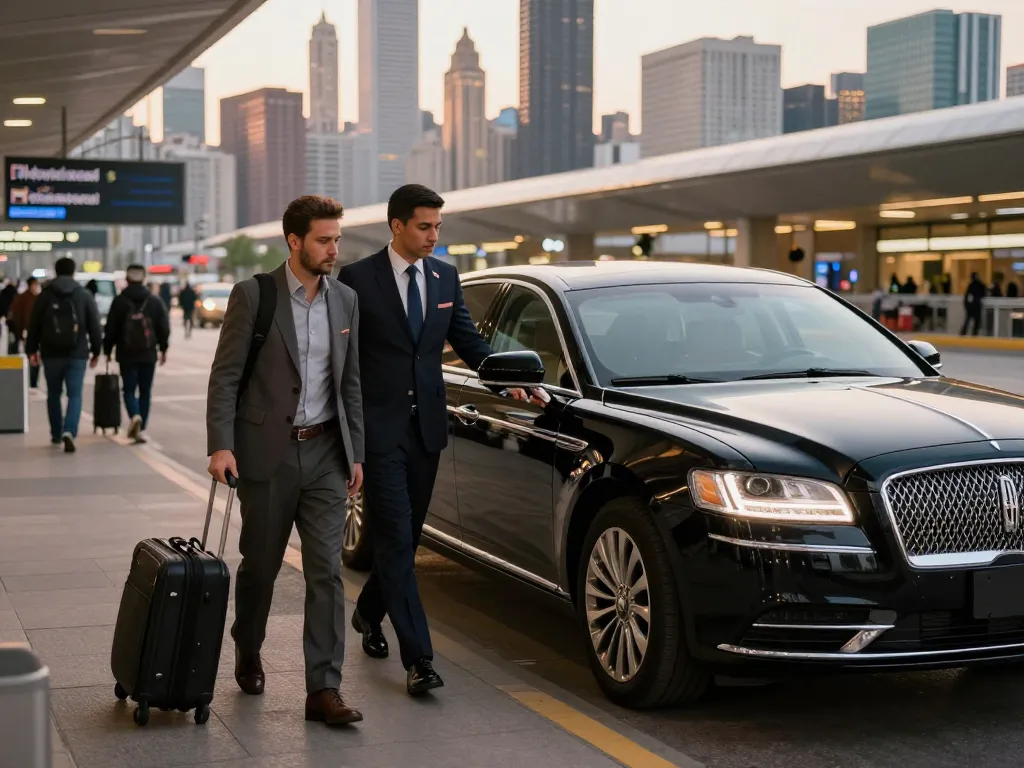 Luxury airport transportation Chicago with a professional chauffeur assisting a passenger at O'Hare Airport.