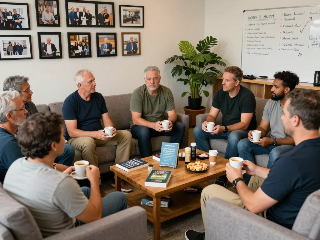 Men club gathering in a supportive community environment discussing wellness and friendship.