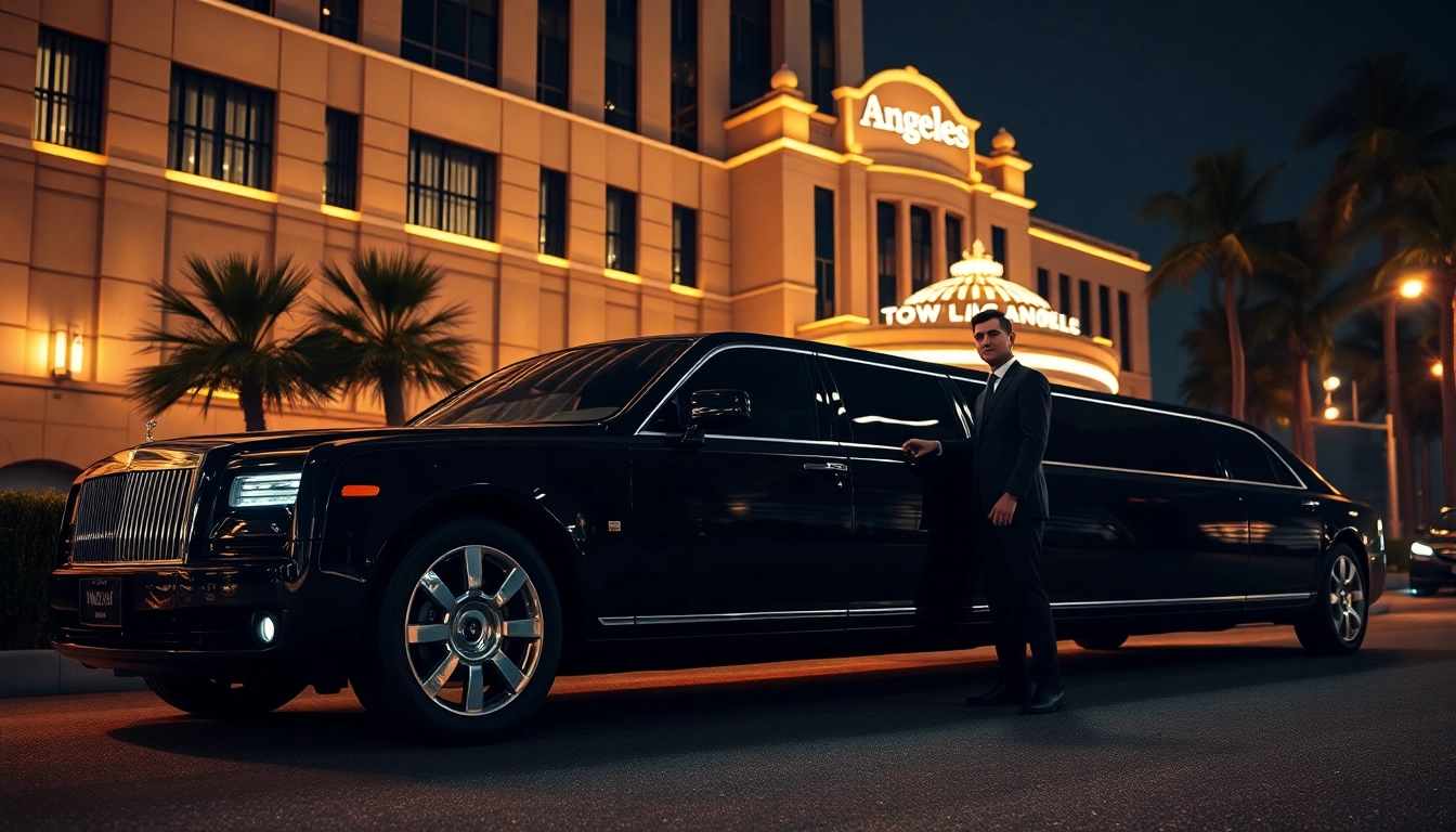Hollywood Town Car and Limousine at a luxury hotel in Los Angeles, showcasing elegance and professionalism.