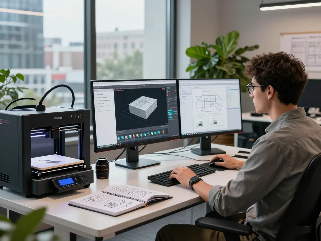 Engineer creating CAD models using text to CAD in a modern workspace