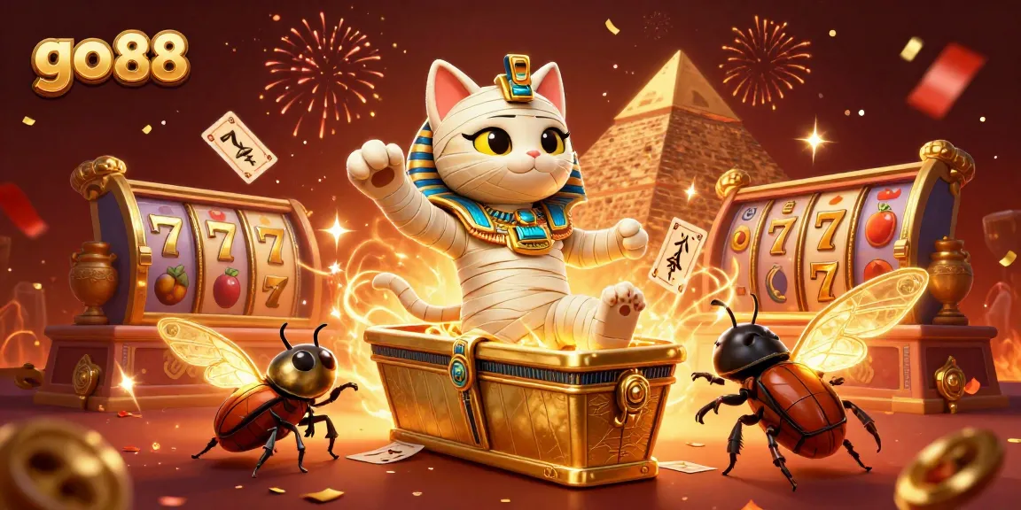Engage with go 88's vibrant casino scene featuring a magical 3D mummy cat and dazzling slot symbols.