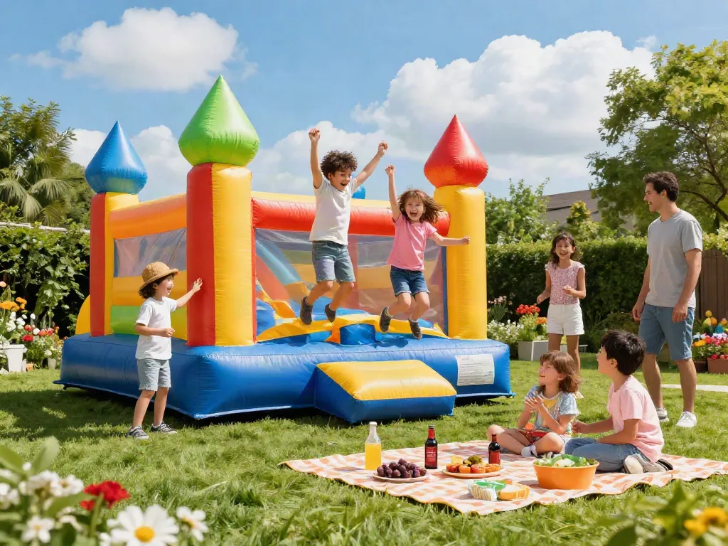 Children enjoying an inflatable bounce house in a sunny backyard