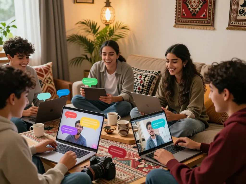 شات فلسطين vibrant online chat with friends enjoying virtual conversations in a cozy setting.