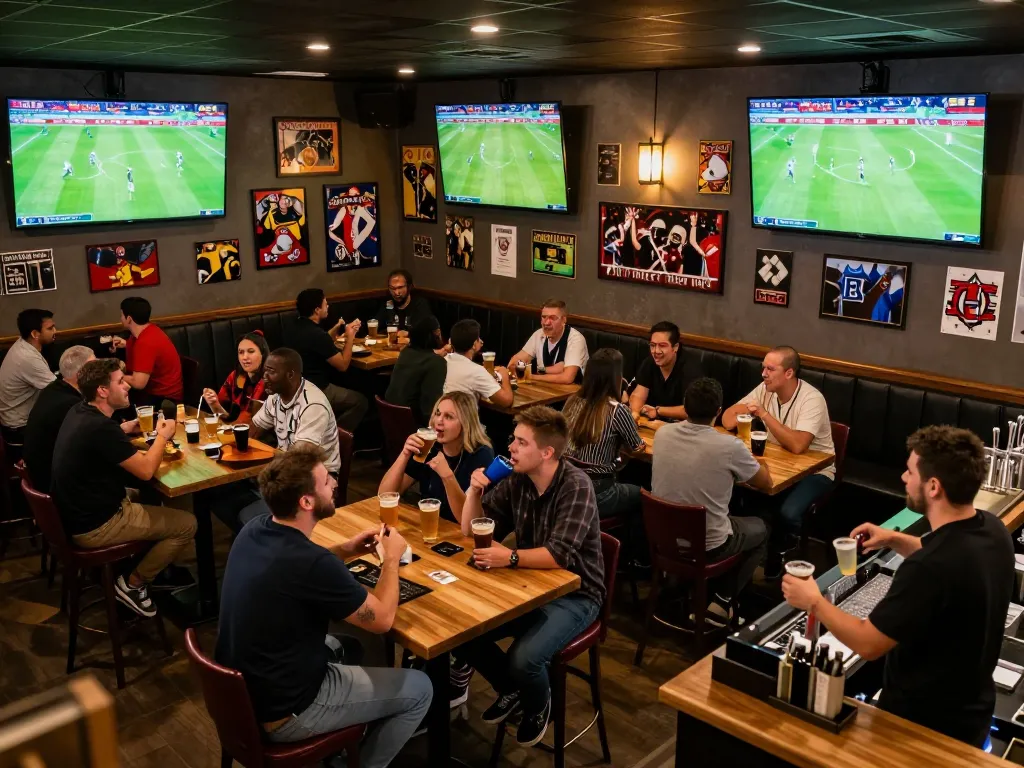 Socolive fans enjoy live football matches at an excited sports bar with vibrant ambiance.