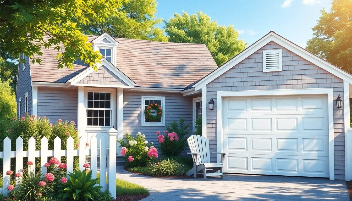 Cape Cod homes featuring classic architecture and an inviting patio near lush greenery.