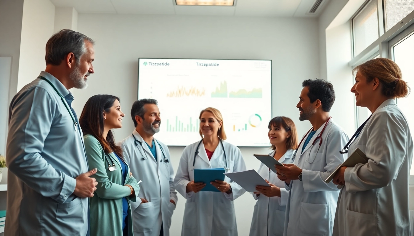 Healthcare professionals discussing Tirzepatide advancements in a modern clinic setting.