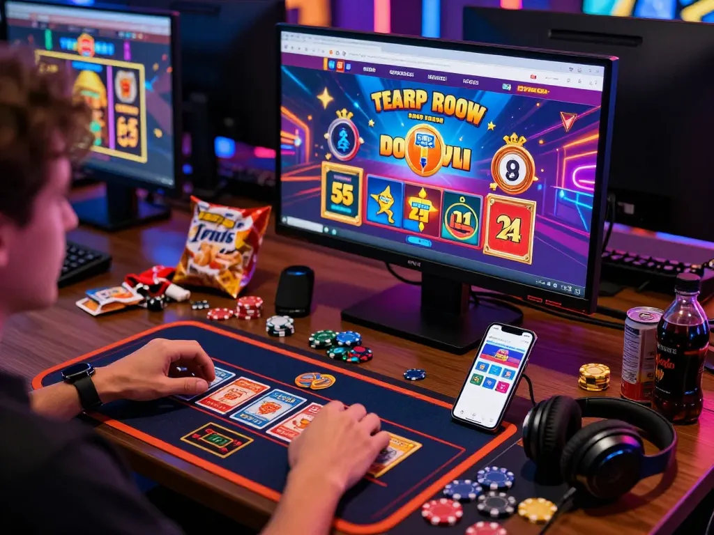 Bomwin online gaming scene showcasing a digital casino environment with vibrant displays and engaging gameplay.