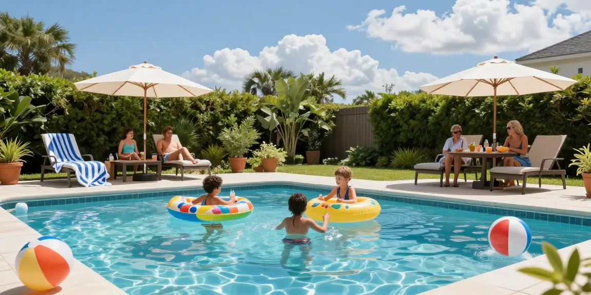 Dolphin Pool Services ensuring a happy family enjoying their pristine pool on a sunny day.